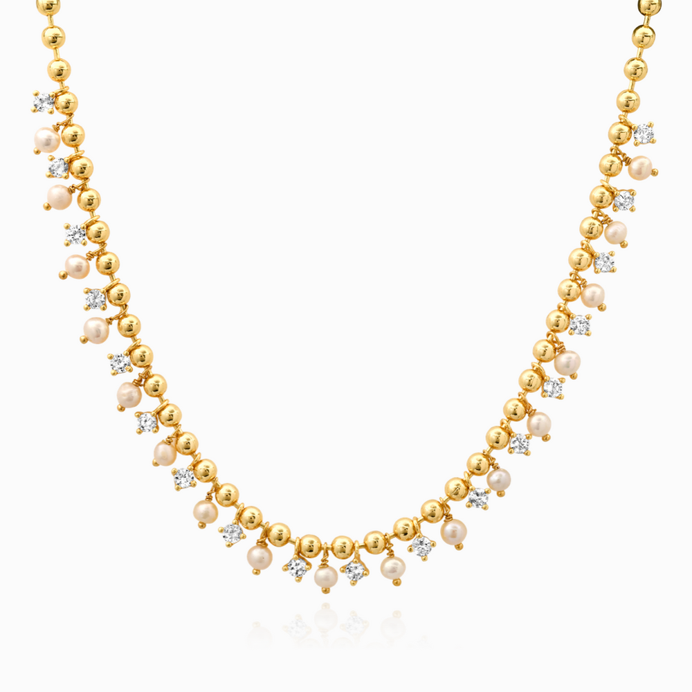 TAI GOLD BALL NECKLACE WITH ALTERNATING CZ AND PEARL STONES