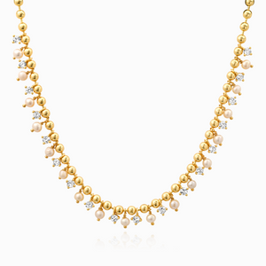 TAI GOLD BALL NECKLACE WITH ALTERNATING CZ AND PEARL STONES