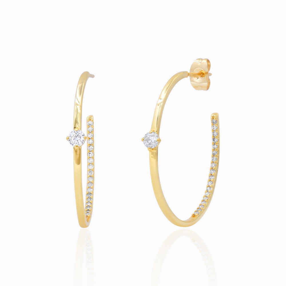 TAI GOLD HOOP WITH SINGLE CZ STONE AND PAVE INTERIOR