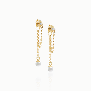 CZ X PEARL DOUBLE CHAIN FRONT BACK STUD EARRINGS