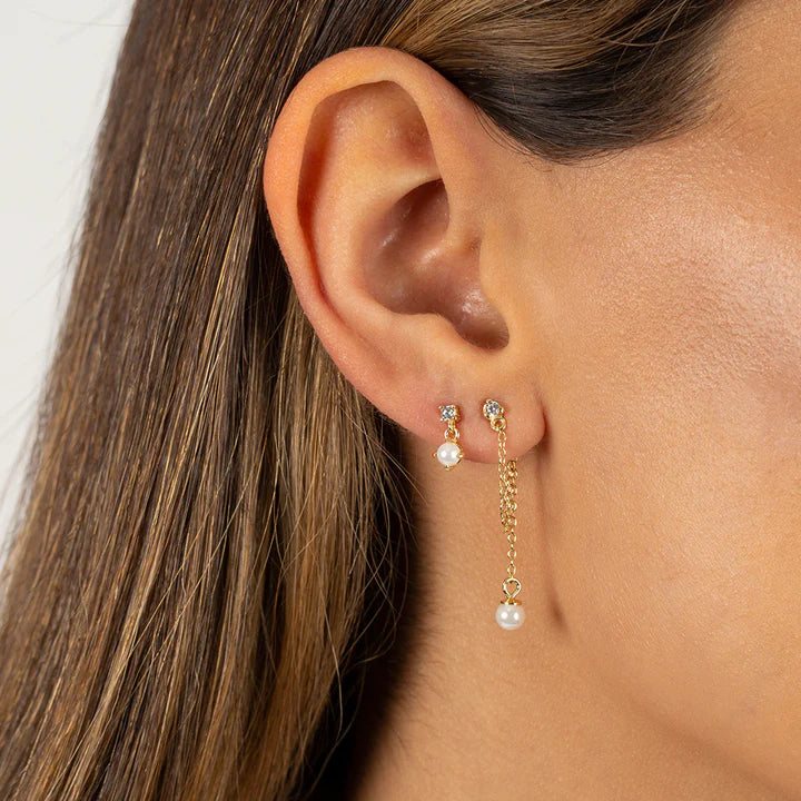 CZ X PEARL DOUBLE CHAIN FRONT BACK STUD EARRINGS