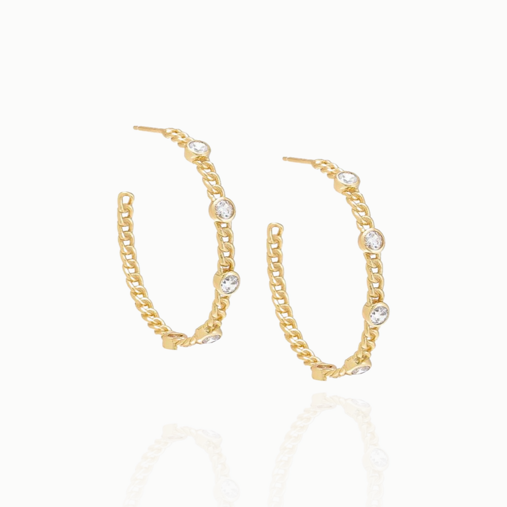 CZ BEZEL CUBAN CHAIN HOOP EARRINGS