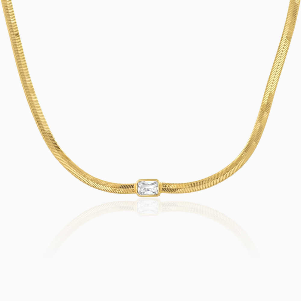 TAI GOLD HERRINGBONE CHAIN WITH CZ ACCENT NECKLACE / CLEAR