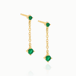 COLORED TINY SOLITAIRE CHAIN DROP STUD EARRINGS / EMERALD